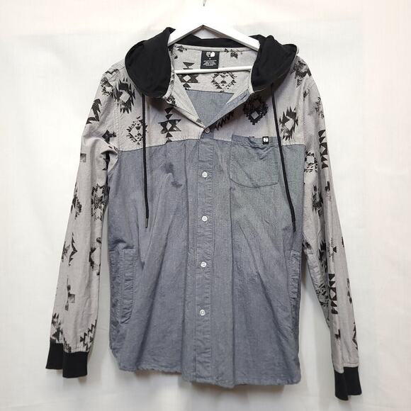 Foot Locker Hooded Button Down Shirt Size Xl Mens Gray Black​​ - Picture 1 of 4